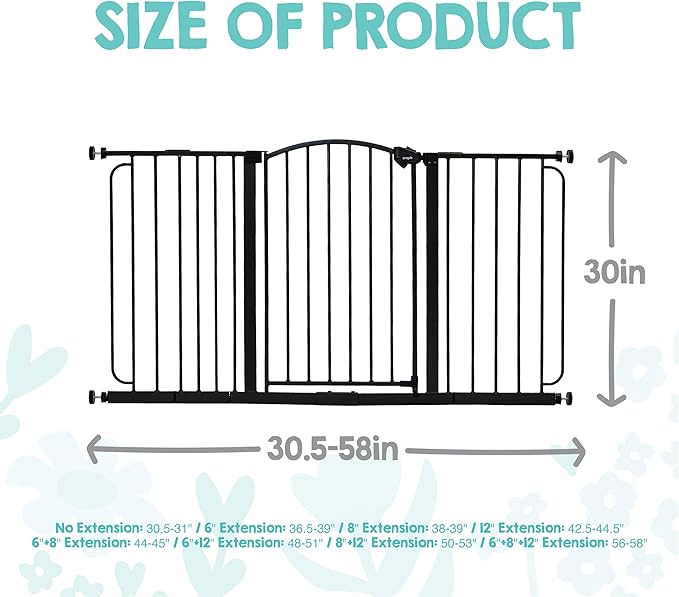 Regalo Safety 30.5-58" Extra Wide Arch Baby Gate with Door, Pressure Mount Walk Through Gate for Doorways & Bottom of Stairs, Babies, Toddlers & Pets, Tested & Safe, American Designed, American Owned