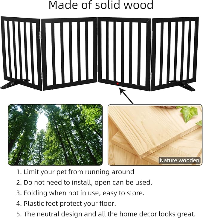 ZJSF Freestanding Indoor Dog Gate for House Foldable Wood Puppy Gate for Doorways Pet Gate for Stairs Extra Wide Pet Fence, Black, 24" Height 4 Panels