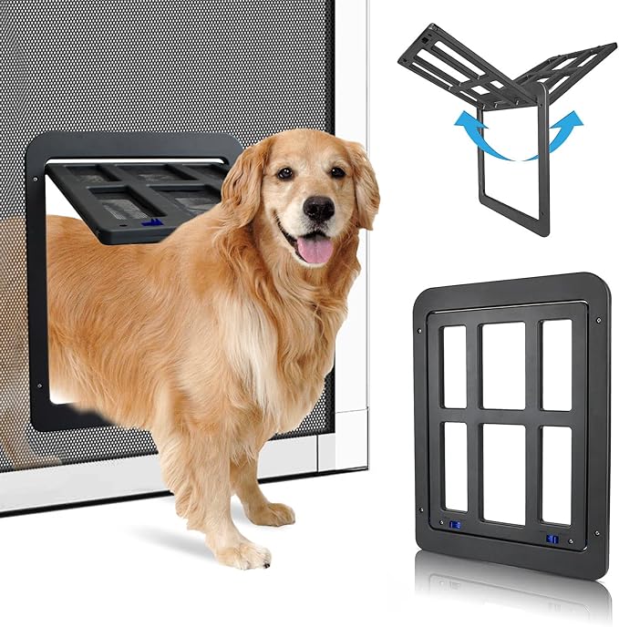 PETLESO Large Dog Door for Screen Door - 11.2"x14.4" Magnetic Flap Pet Door with Lockable Insert, Ideal for Medium to Large Dogs, Sliding Door Compatible, Black