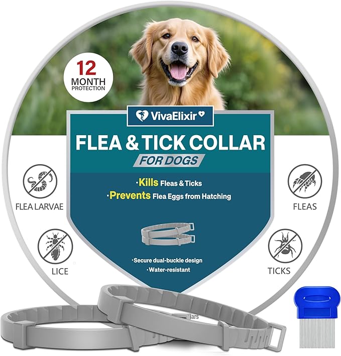 Flea Collars for Dogs, Dog Flea & Tick Control Flea Collar 12 Months Protection, Waterproof Dog Flea Collar, Flea Prevention for Dogs with Comb and Prevention Treatment Drop, 2Pack