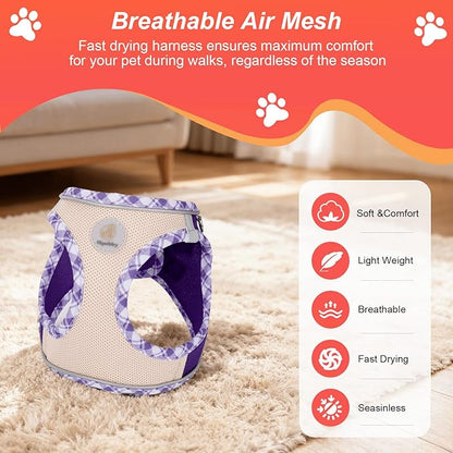 Hipubby Dog Harness Small Sized and Leash Set, No Pull Soft Mesh Puppy Vest, Reflective Breathable Lightweight Pet Harness, Harness for Small Medium Dogs and Cats - Purple/White Trim, S