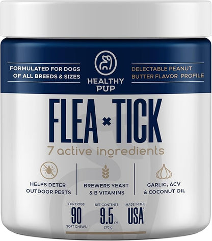 Flea and Tick Prevention for Dogs, Chewable – 90 Peanut Butter Flavored Soft Chews – Made with B Vitamins, Garlic Powder, Brewers Yeast, Coconut Oil, and Apple Cider Vinegar
