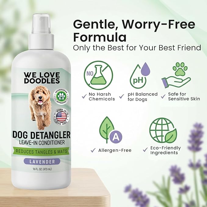 We Love Doodles Dog Detangler Spray - Leave-in Conditioner for Dogs - Dog Detangling Spray - Dematting Spray for Dogs - Tangle Remover - Made in The USA (Lavender)