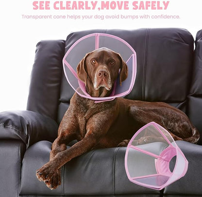 Dog Cone Collar for Dogs After Surgery,Transparent Dogs Cone Stop Licking,Foldable Dog Recovery Collars & Cones Anti-Bite Lick Protective Wound,Protective Elizabethan Collar Alternative,Pink,S