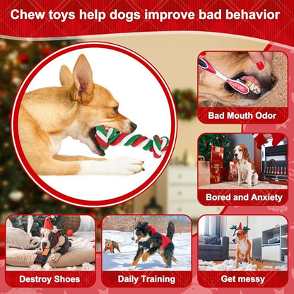 SZEE Dog Rope Toy, 14 in 3 Knots Christmas Dog Chew Toys for Medium and Small Dogs, Pull Toy for Tug of War and Teeth Cleaning (Red & Green)