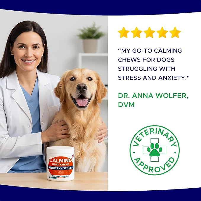 Advanced Calming Chews for Dogs - Hemp Treat + Melatonin + Valerian - Relaxing Bites - Calming Care - Anti-Anxiety & Stress Relief - Made in USA - Calm, Sleep Aid, Storms - 120Ct