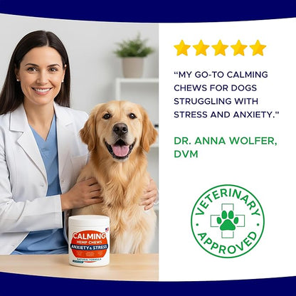 Advanced Calming Chews for Dogs - Hemp Treat + Melatonin + Valerian - Relaxing Bites - Calming Care - Anti-Anxiety & Stress Relief - Made in USA - Calm, Sleep Aid, Storms - 120Ct