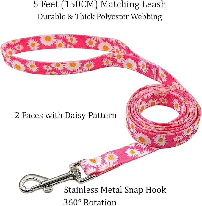 Dog Collar and Leash Set, Cute Pink Daisy Pattern, Polyester Material, 5ft Leash, for Small Dogs.(Small, Pink Daisy)