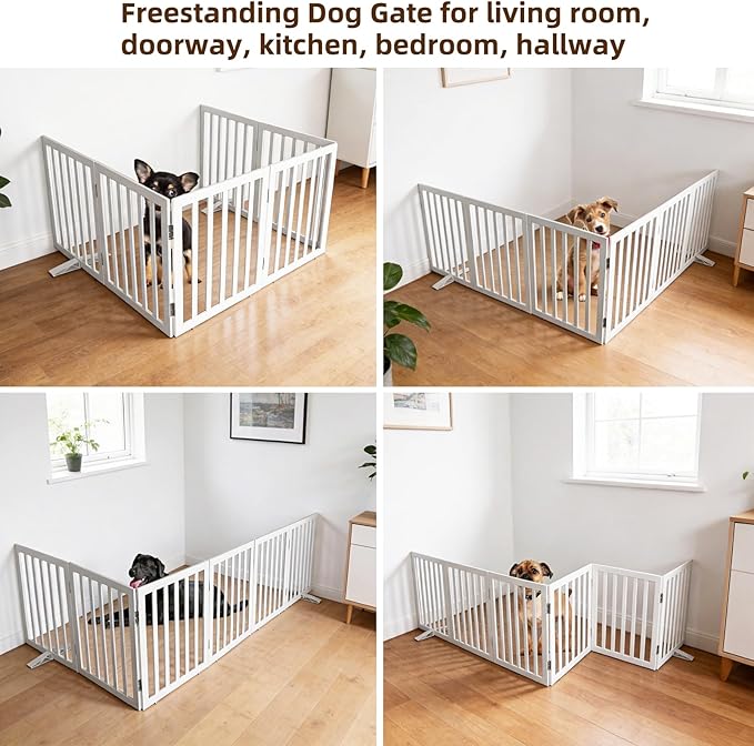 ZJSF Freestanding Indoor Dog Gate for House Foldable Wood White Puppy Gate for Doorways Pet Gate for Stairs Extra Wide Pet Fence 32" Height 6 Panels