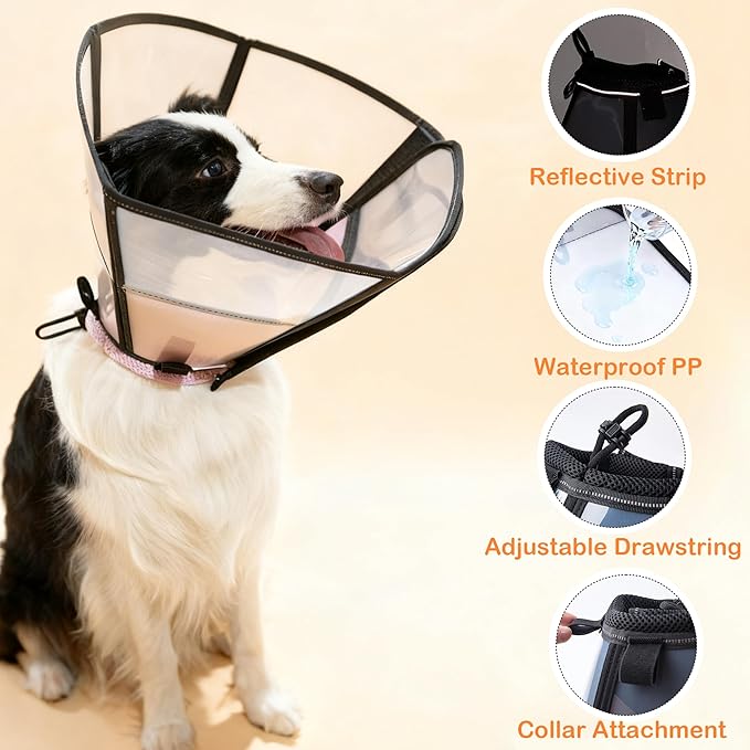 Soft Dog Cone, Stop Licking Deep Pet Recovery Collar After Surgery for Extra Large Dogs, Clear Plastic Breathable Elizabethan Head Neck Circle, Adjustable Comfortable Cones 30cm Long (XL Black)