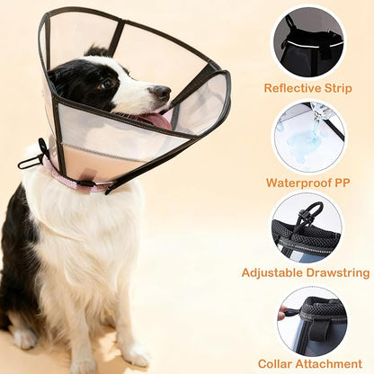 Soft Dog Cone, Stop Licking Deep Pet Recovery Collar After Surgery for Large Medium Dogs, Clear Plastic Breathable Elizabethan Head Neck Circle, Adjustable Comfortable Cones 12" Long (LL Black)