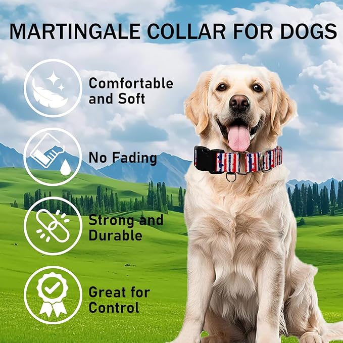 American Flag Martingale Collar 4th of July Star Holiday Dog Collar with Buckle Adjustable Pet Collars (Red Blue Patriotic Stripes, Medium)