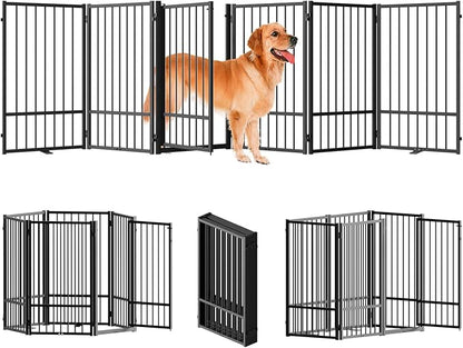SNUOWU Full Metal Freestanding Dog Gate with Door, 36''Height Foldable Pet Dog Fence for Indoor & Outdoor, 6 Panels Extra Wide Free Standing TallDog Gates for Doorways,House,Stairs,Porch,Deck,Yard