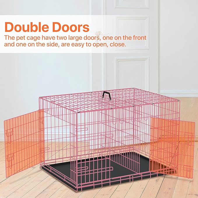 Dog Crate for Large Medium Small Dogs, Folding Dog Kennel Cage with Plastic Tray & Divider 48"/42"/ 36"/ 30"/ 24" Indoor Outdoor Metal Double Door Heavy Duty Dog Pen Enclosure, Pink(48 Inch)