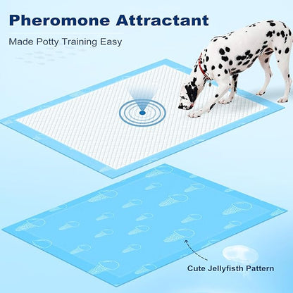 MIZOK Dog Pee Pads 28x44in Dog Pads XXL Super Absorbent Up to 12 Cups Marine Scented Odor-Control Pee Pads with Jellyfish Pattern, Quick Dry & Leak-Proof (100 Counts)