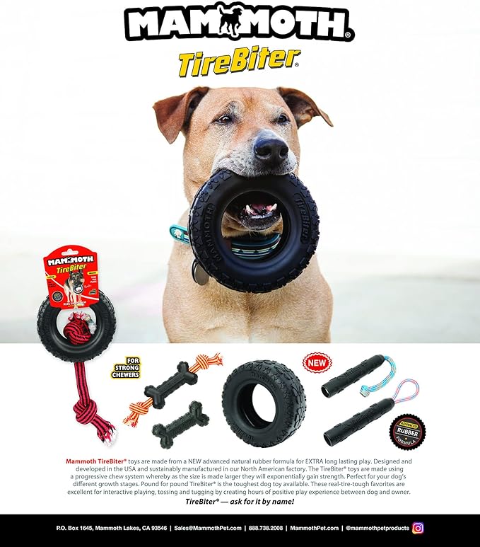 Mammoth Pet Products TireBiterII with Cotton-Poly Rope-Natural Rubber Dog Toys for Extreme Chewers-Dog Toys for Extra Long Interactive Play-Aggressive Chewer Toys for Large-X-Large 7" Black (35018F)