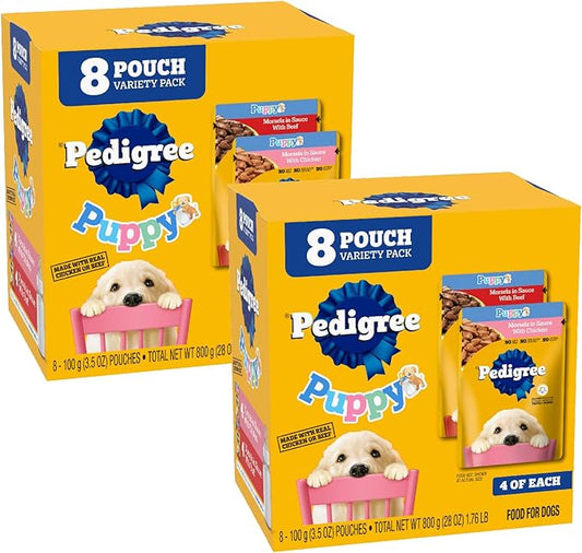 Pedigree Puppy Food Morsels in Sauce, Wet Dog Food Pouches Variety Pack, 3.5 oz. Pouches, 8 Count (Pack of 2)