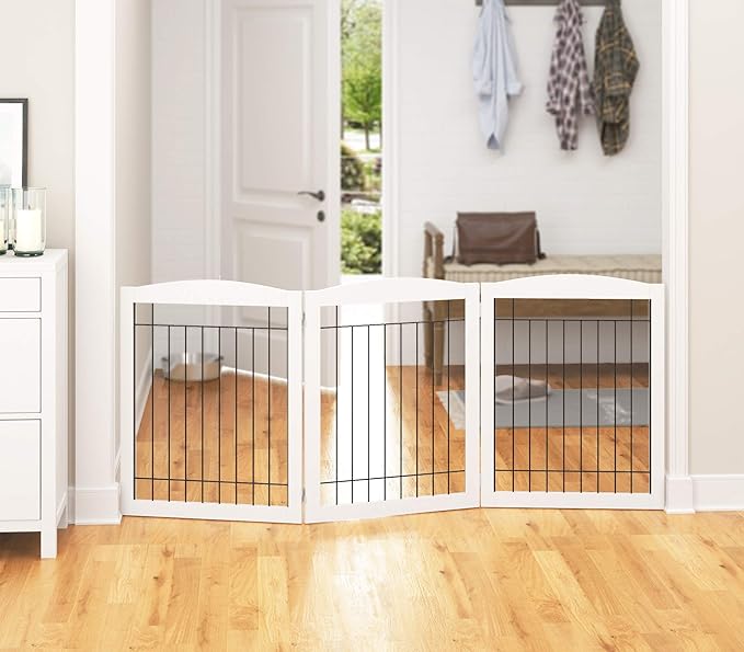 PAWLAND 72“ Extra Wide Dog gate for The House, Doorway, Stairs, Freestanding Foldable Wire Pet Gate, Pet Puppy Safety Fence, 30" Height (White, 3 Panels)