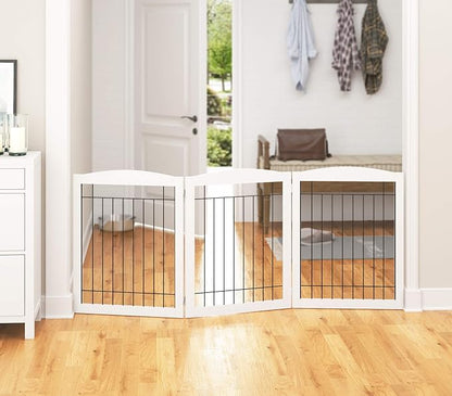 PAWLAND 72“ Extra Wide Dog gate for The House, Doorway, Stairs, Freestanding Foldable Wire Pet Gate, Pet Puppy Safety Fence, 30" Height (White, 3 Panels)