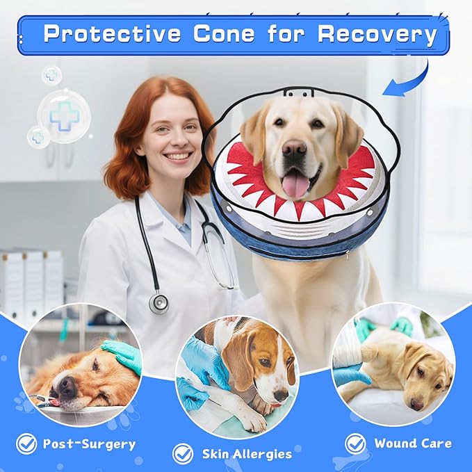 Inflatable Dog Cone Collar Soft Dog Cone Alternative After Surgery to Stop Licking for Large Medium Dogs Recovery Donut Cone Adjustable Neck Collar with Enhanced Anti-Licking Shield,Shark Blue,XL