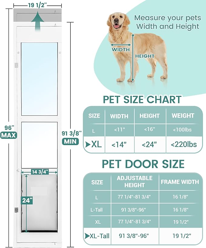 96" Extra Large Dog Door for Sliding Glass Door - XL Doggy Door for Sliding Door Dog Door Insert - Left Open from Inside
