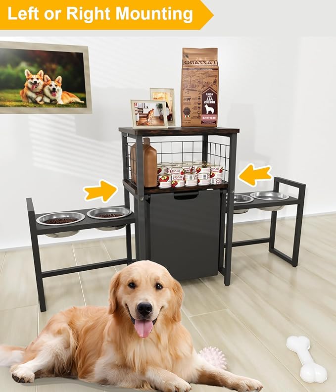 30.6Long x 26.2 High Elevated Dog Bowl Stand with Pet Food Storage Organizer, Adjustable Raised Feeding Station with Toy Basket for Large Medium Small Dogs and Cats, Black