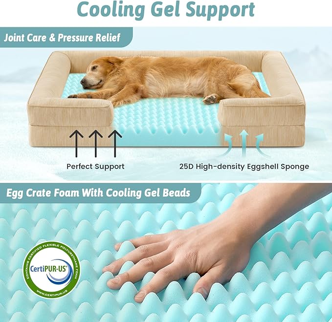 Cooling Dog Bed for Extra Large Dogs 44x32 inch, Q-Max >0.4 Summer Cool Orthopedic Foam Pet Sofa Bed with Sides, XL Size Bolster Anti-Slip Couch with Washable Removable Cover, Beige
