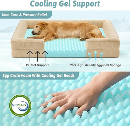 Cooling Dog Bed for Extra Large Dogs 44x32 inch, Q-Max >0.4 Summer Cool Orthopedic Foam Pet Sofa Bed with Sides, XL Size Bolster Anti-Slip Couch with Washable Removable Cover, Beige