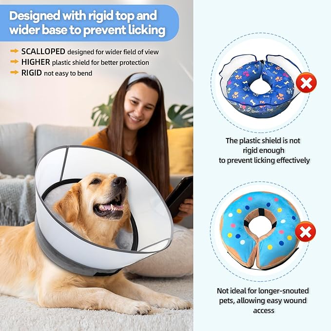 2-in-1 Upgraded Inflatable Dog Cone Collar with Detachable Anti-Licking Shield, Soft Adjustable Elizabethan Collar for Dogs After Surgery (M+, Grey)