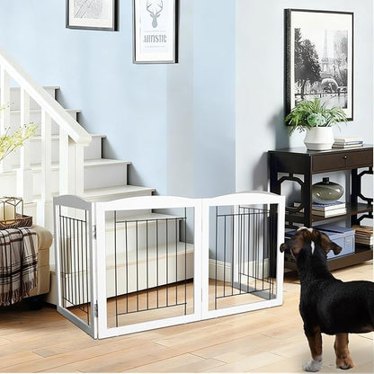 ZJSF Freestanding Foldable Dog Gate Wooden Extra Wide White Puppy Gate 6 Panels Tall Pet Gates for The House Dog Fence