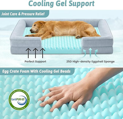 Cooling Dog Bed for Extra Large Dogs 44x32 inch, Q-Max >0.4 Summer Cool Orthopedic Foam Pet Sofa Bed with Sides, XL Size Bolster Anti-Slip Couch with Washable Removable Cover, Blue