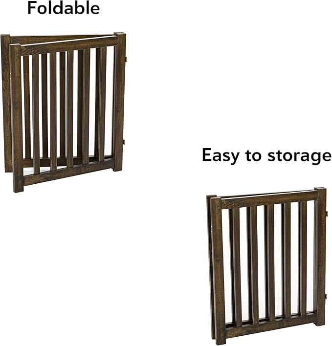 LZRS 2-Panel Wooden Free Standing Foldable Dog Gate Indoor – Solid Hardwood 24" High, Step-Over Safety Pet Gate for Doorways, Stairs & Small Spaces - Indoor Use, Walnut