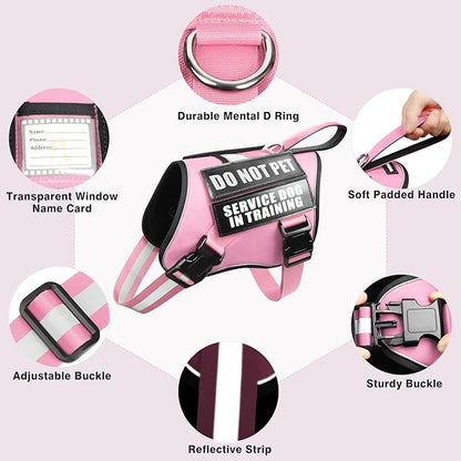 Service Dog Harness and Leash Set, Training Dog Vest with 10 Dog Patches, Emotional Support Therapy Dog Vest Harness for Small Medium Large and Extra Large Dogs(Pink, XS)