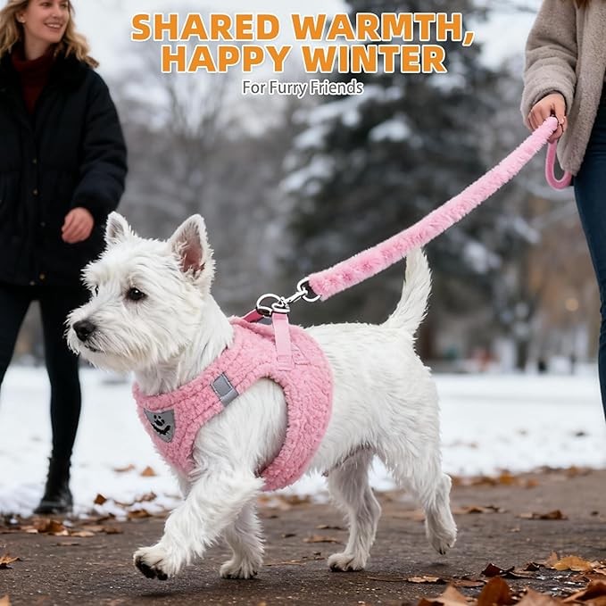 KOOLTAIL Plush Small Dog Harness and Leash Set, Warm Fleece No Pull Puppy Vest for Winter, Lightweight Reflective Step in Pet Harness for Medium Sized Dogs Boy Girl Outdoor Walking Cute Soft, Pink S