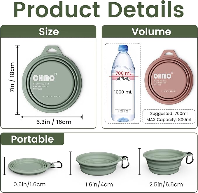 OHMO Collapsible Dog Water Bowls w/Built-in Stainless Steel Ring – 2pcs Large 27oz/800ml Portable Silicone Pet Feeding Bowl for Hiking, Camping, Travel