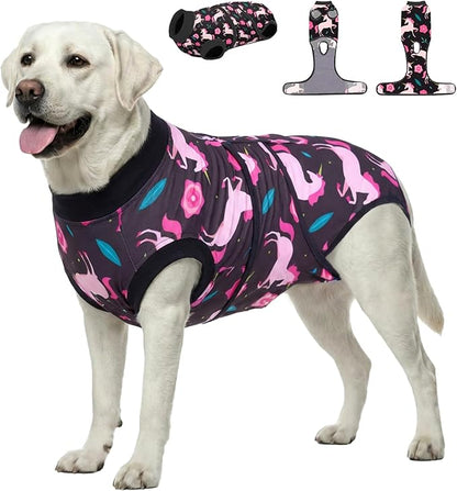 PetWarm Post Surgery Dog Onesie Female, Recovery Suit for Dogs, Dog After Surgery Onesie, Spay and Neuter, Weaning, Prevents Licking Cotton Protect Pet Abdominal, Unicorn Pattern, Black, 2XL