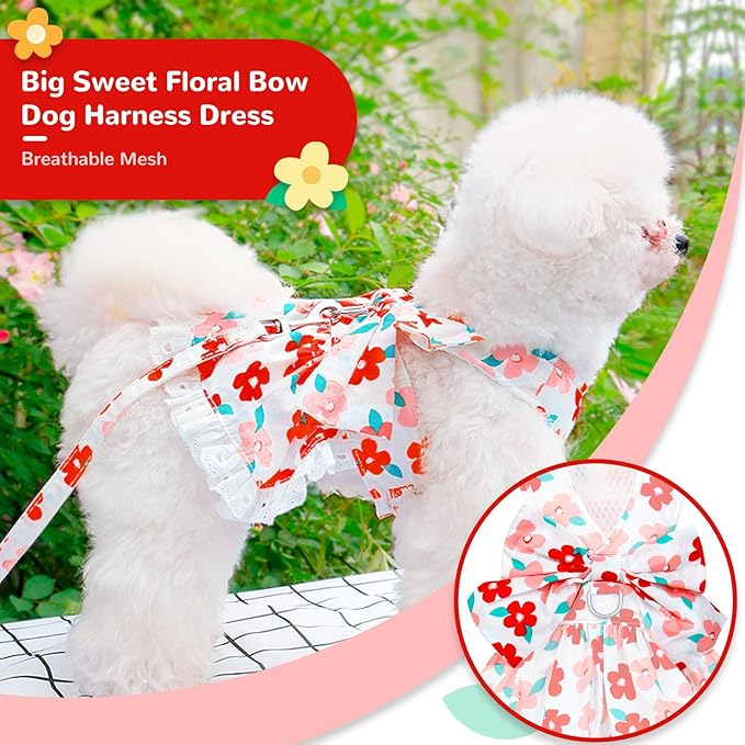 ABRRLO Dog Harness Dress Leash Set for Small Dog Summer Clothes Girl Female Puppy Cats Outfits Cute Floral Bowknot Princess Birthday Dress for Extra Small Pet Doggie Kitten Outfits Apparel(Red,M)