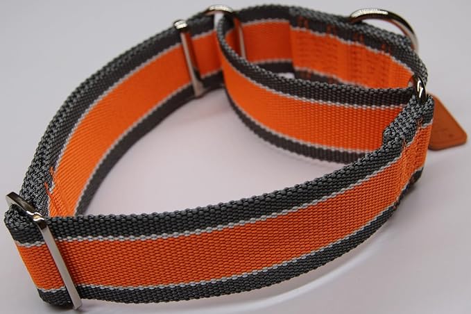 Martingale Collar 1.5 Inch Wide 1600D Extra Strong Anti Escape Nylon Dog Collar, No Pull Heavy Duty Pet Collars with 3-Color Stripe for Large to XLarge Dogs (XL, Orange & Gray)