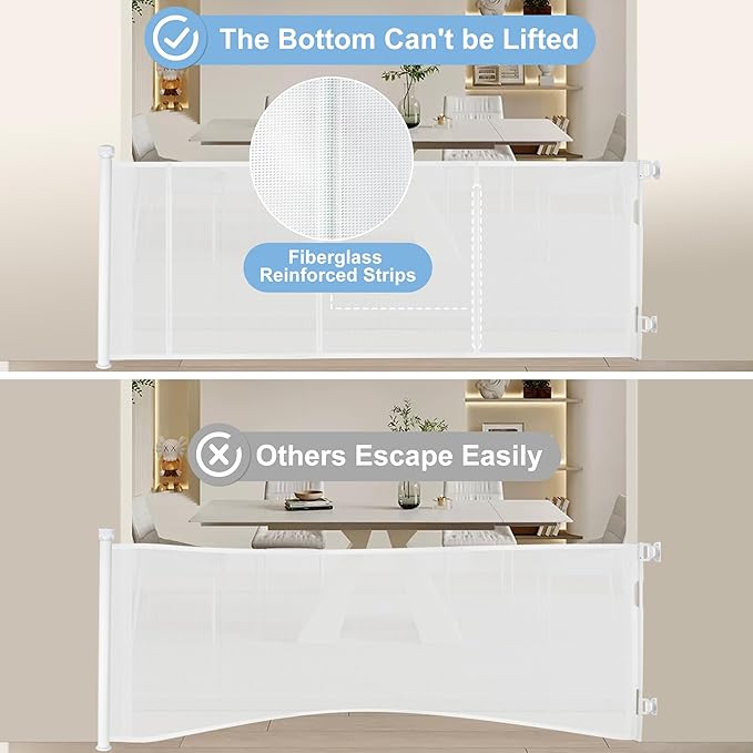 120 inches Extra Wide Baby Gate, 34 inches Tall Retractable Pet Gate for Large Openings, Hallways, Room Dividers, Mesh Safety Barrier for Indoor Outdoor Use, White