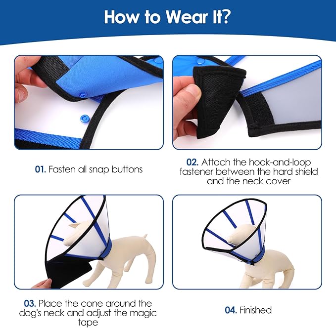 SUNFURA Dog Cones for Large Dogs, Soft Dog Cone to Stop Licking After Surgery, Detachable Pet Recovery E-Collar Alternative for Wound Healing, Blue XL