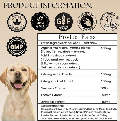Turkey Tail Mushroom for Dogs - Organic Immune Support Chews - Buddy Health Guard Mushroom Blend - Boosts Immunity, Gut & Joint Health - Natural Chicken Flavor, Grain-Free Supplement - 90 Soft Chews