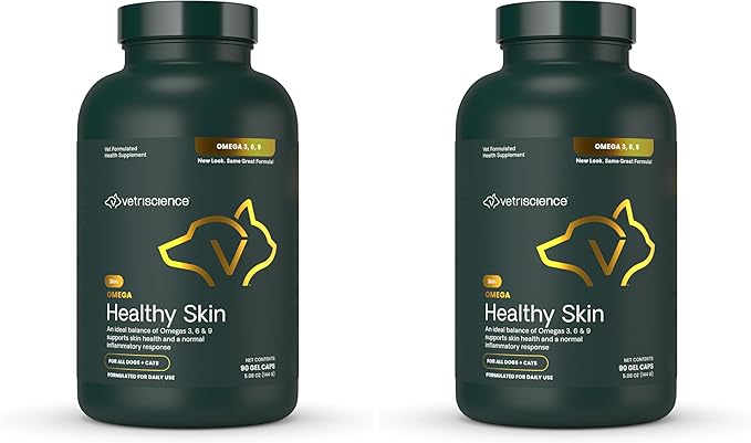 VetriScience Omega Healthy Skin Capsules, 3.6.9 Fish Oil Supplement for Dogs & Cats, Skin Health, Coat Growth, Reduce Shedding, Over 750 mg Omega Fatty Acids per Capsule, Gel Caps,90 Count(Pack of 2)