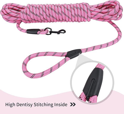 Long Dog Leash for Training 30Ft-Reflective Nylon Rope with Swivel Hook-Recall Agility Lead for Large Small Medium Dogs Outside Walking Hiking-Pink