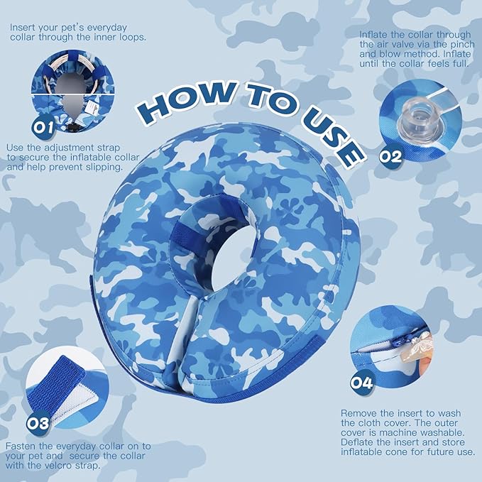 IEUUMLER Inflatable Recovery Dog Cone Collar, Neck Donut Protective ECollar, Adjustable Soft Collar for Dog and Cat After Surgery Prevent from Biting & Licking EU020 Blue Camo M+