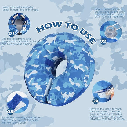 IEUUMLER Inflatable Recovery Dog Cone Collar, Neck Donut Protective ECollar, Adjustable Soft Collar for Dog and Cat After Surgery Prevent from Biting & Licking EU020 Blue Camo L