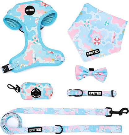 Small Dog Harness and Leash Set of 6, No Pull Soft Lightweight Mesh Puppy Harness， Adjustable Cute Floral Pattern Pet Harness for Small Medium Dogs (Blue Sea, M)