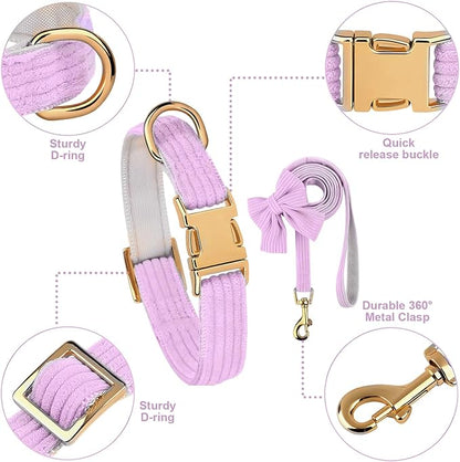 Dog Collar and Leash Set with Bowtie, Girl Dog Collars Metal Buckle Adjustable for Small Medium Dogs (Purple, M: Neck 13"-22" Leash 5 FT)