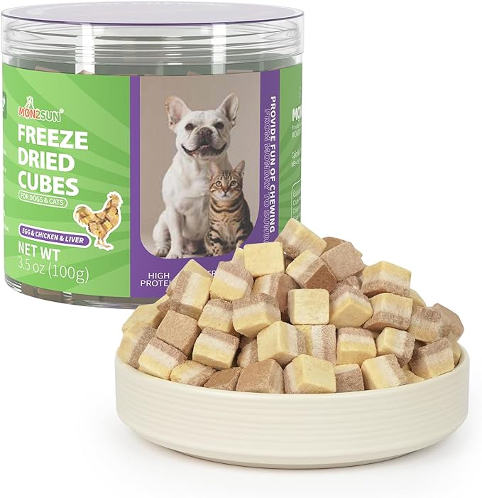 MON2SUN Triple-Layer Freeze Dried Cat & Dog Treats, Chicken, Egg & Chicken Liver Recipe Cube, Grain-Free High Protein Snacks, All Natural Food Topper or Training Rewards, 3.5oz