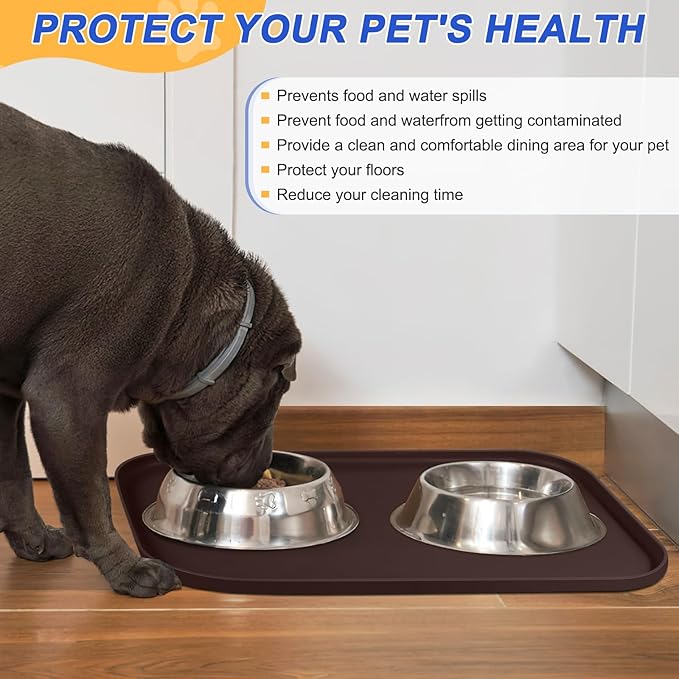 SMILOOL Silicone Pet Feeding Mat with Raised Edge for Food and Water, Dog Bowl Mats, Cat Bowls Placemat with High Lip for Floor Waterproof, Rubber Tray for Cats and Dogs 24 x 16 x0.8 Dark Brown