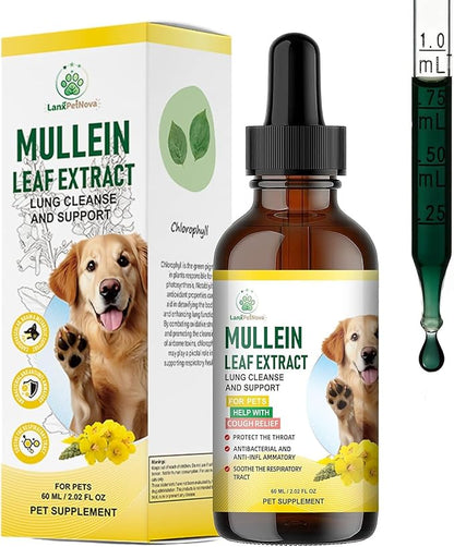 Mullein Lung Support Drops for Dogs & Cats, Relieves Kennel & Dry & Wet Cough, Lung Cleanse, Soothes Sore Throat, Eases Breathing - Pure Plant Extract, Hormone & Chemical Free, with Chlorophyll